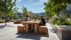aménagement extérieur : moment de pause entre collège à l'extérieur de l'entreprise